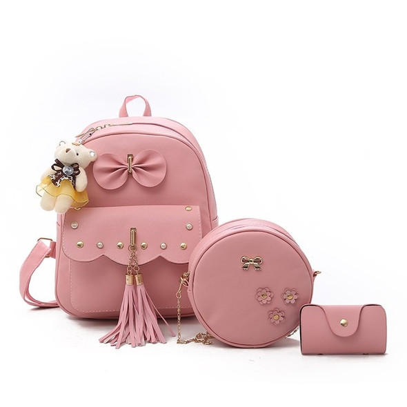 3 in 1 Tassels Bow Double Shoulders School Bag Travel Backpack Bag with Bear Doll Pendant (Pink)