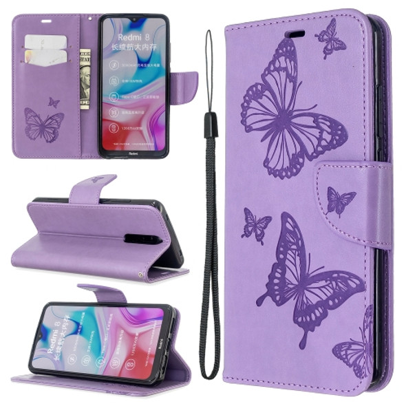 For Xiaomi Redmi  8 Embossing Two Butterflies Pattern Horizontal Flip PU Leather Case with Holder & Card Slot & Wallet & Lanyard(Purple)