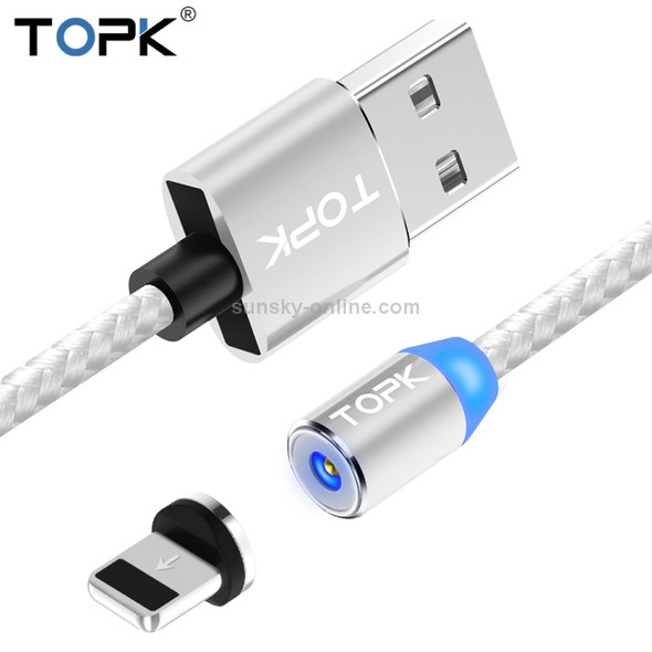 TOPK 2m 2.4A Max USB to 8 Pin Nylon Braided Magnetic Charging Cable with LED Indicator(Silver)