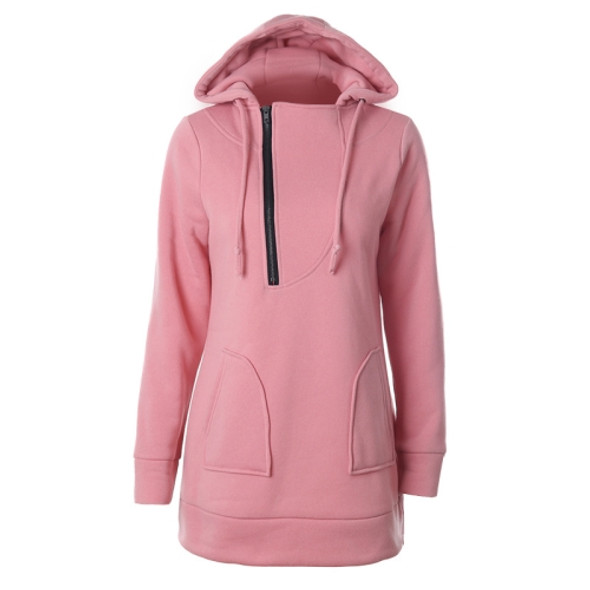 Women Warm Sweater Zipper Cap With Long Sleeves Solid Color Sweater, Size: L(Pink )