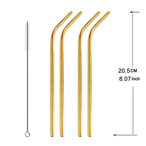 5 PCS Reusable Stainless Steel Bent Drinking Straw + Cleaner Brush Set Kit, 266*6mm(Gold)