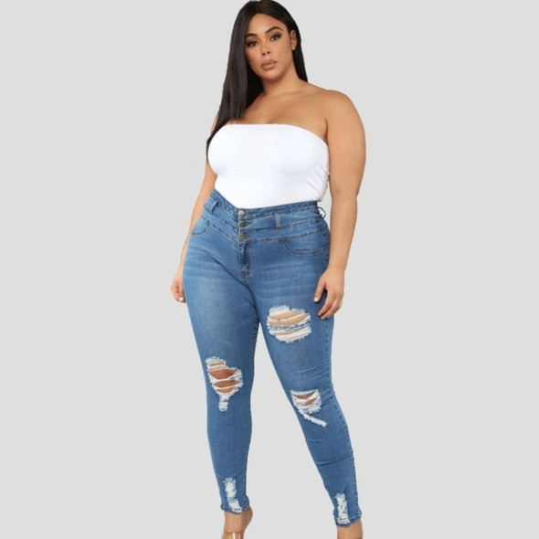 Plus Size High Waist Ripped Jeans (Color:Dark Blue Size:L)