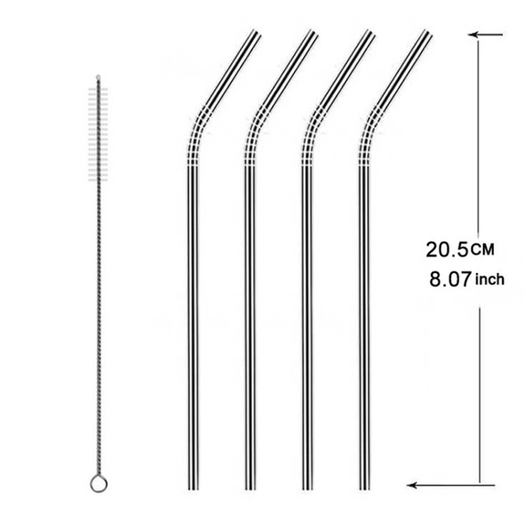 5 PCS Reusable Stainless Steel Bent Drinking Straw + Cleaner Brush Set Kit, 266*6mm(Silver)