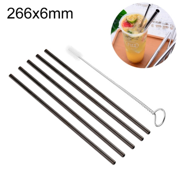 5 PCS Reusable Stainless Steel Straight Drinking Straw + Cleaner Brush Set Kit, 266*6mm(Black)