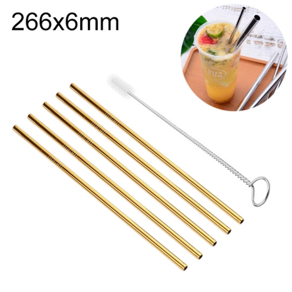 5 PCS Reusable Stainless Steel Straight Drinking Straw + Cleaner Brush Set Kit, 266*6mm(Gold)