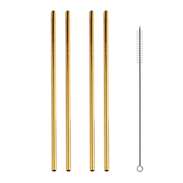 5 PCS Reusable Stainless Steel Straight Drinking Straw + Cleaner Brush Set Kit, 266*6mm(Gold)