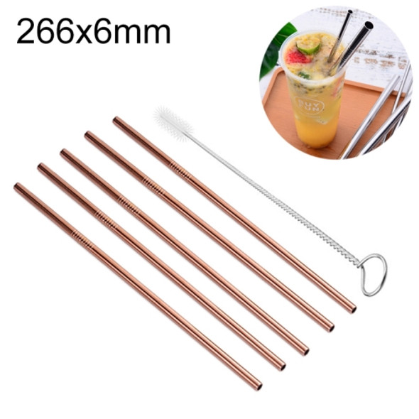 5 PCS Reusable Stainless Steel Straight Drinking Straw + Cleaner Brush Set Kit, 266*6mm(Rose Gold)