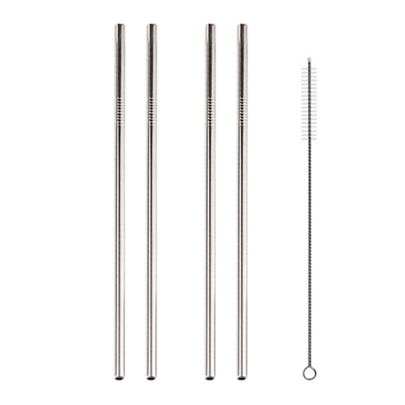 5 PCS Reusable Stainless Steel Straight Drinking Straw + Cleaner Brush Set Kit, 266*6mm(Silver)