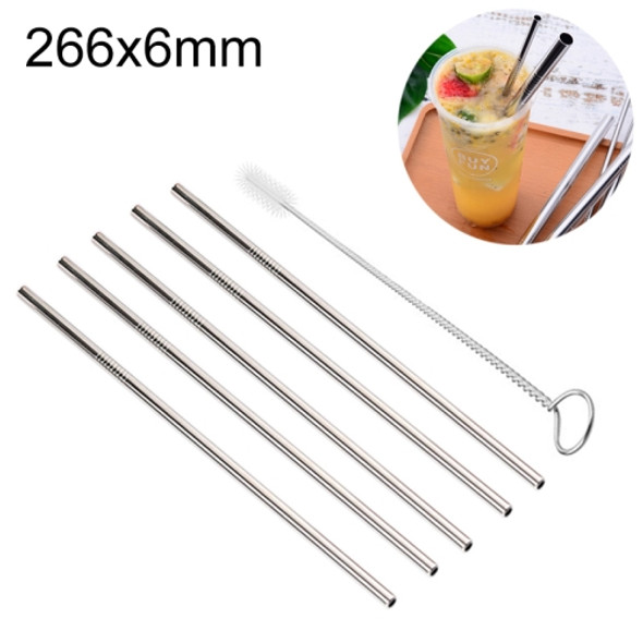 5 PCS Reusable Stainless Steel Straight Drinking Straw + Cleaner Brush Set Kit, 266*6mm(Silver)