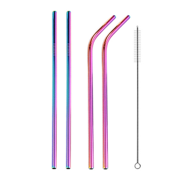 4 PCS Reusable Stainless Steel Drinking Straw + Cleaner Brush Set Kit, 266*6mm(Colour)