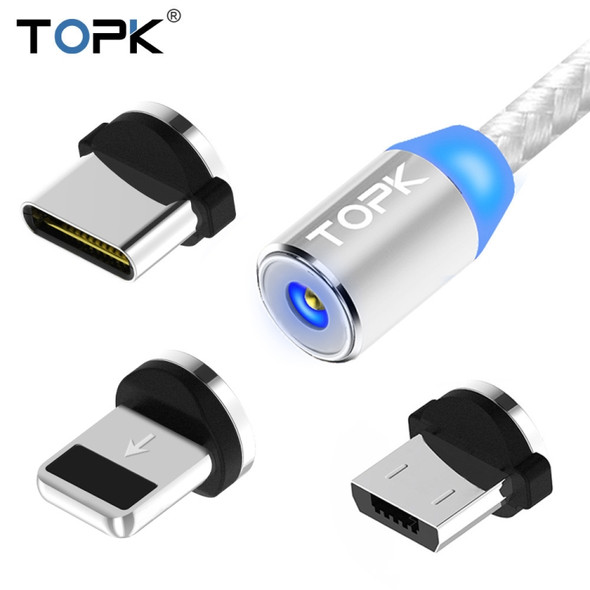 TOPK 1m 2.4A Max USB to 8 Pin + USB-C / Type-C + Micro USB Nylon Braided Magnetic Charging Cable with LED Indicator(Silver)