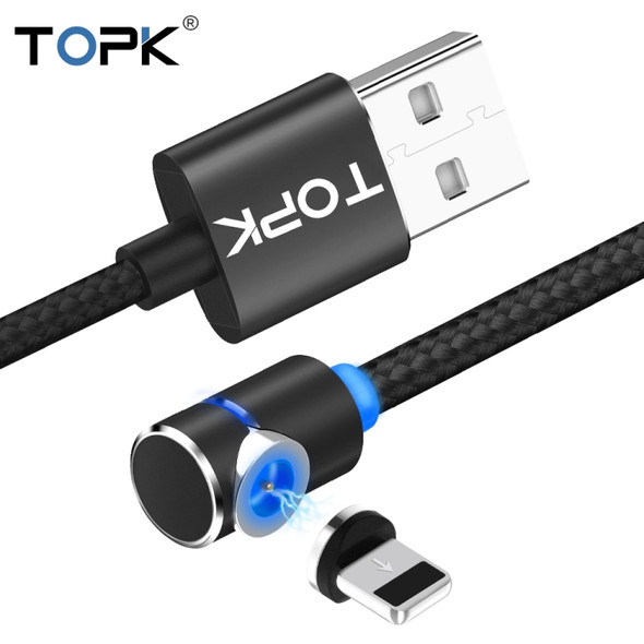 TOPK 1m 2.4A Max USB to 8 Pin 90 Degree Elbow Magnetic Charging Cable with LED Indicator(Black)