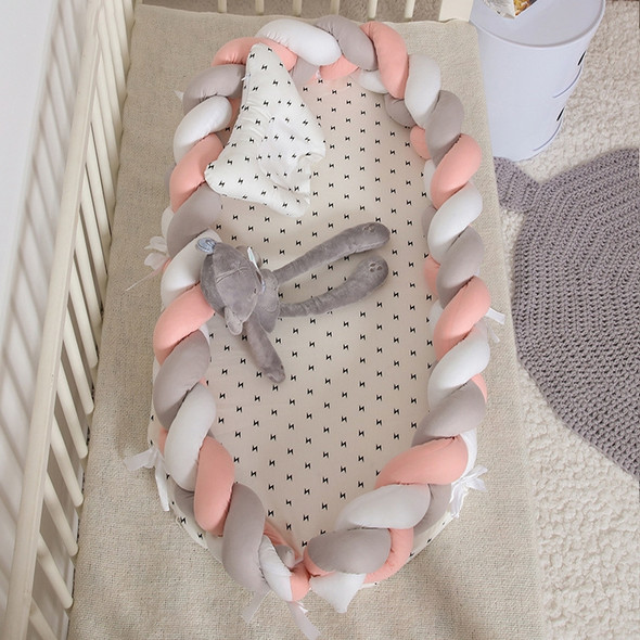 Cotton Woven Folding Portable Crib Bed Bionic Removable and Washable Manual Fence Three-dimensional Protective Crib(White light gray pink)