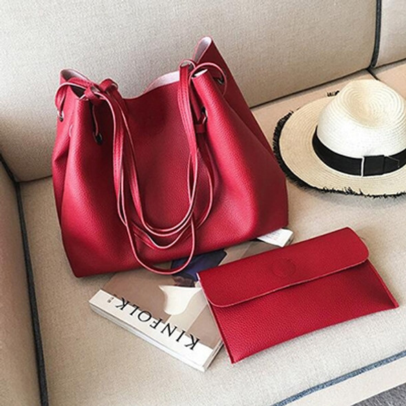2 in 1 Soft Leather Women Bag Set Luxury Fashion Design Shoulder Bags Big Casual Bags Handbag(Wine red)