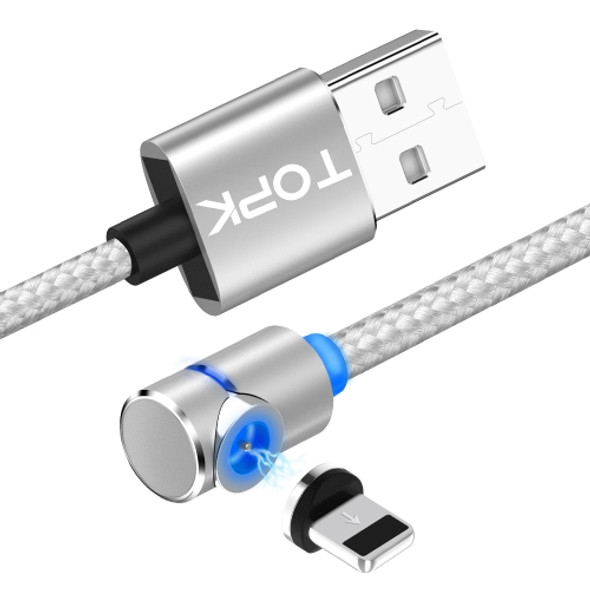 TOPK 1m 2.4A Max USB to 8 Pin 90 Degree Elbow Magnetic Charging Cable with LED Indicator(Silver)