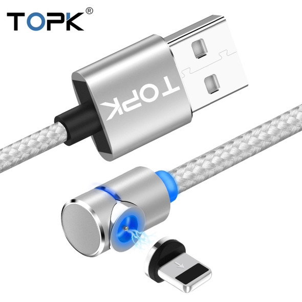 TOPK 2m 2.4A Max USB to 8 Pin 90 Degree Elbow Magnetic Charging Cable with LED Indicator(Silver)