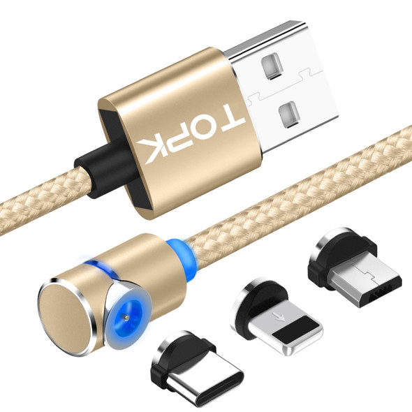 TOPK 2m 2.4A Max USB to 8 Pin + USB-C / Type-C + Micro USB 90 Degree Elbow Magnetic Charging Cable with LED Indicator(Gold)