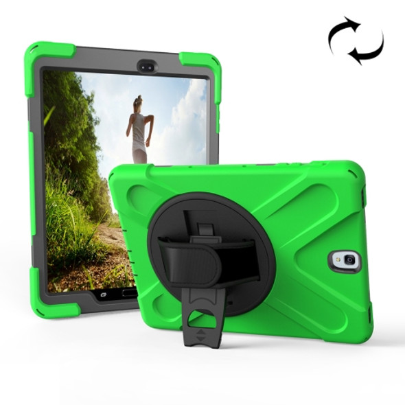 For Galaxy Tab S3 9.7 inch T820 360 Degree Rotation PC + Silicone Protective Case with Holder & Hand-strap (Green)