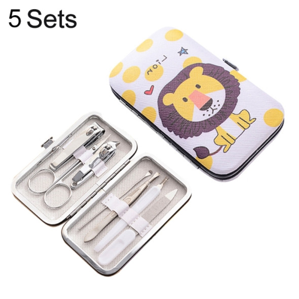 5 Sets 7 in 1 Stainless Steel Nail Care Clipper Pedicure Manicure Kits with Lion Pattern Case