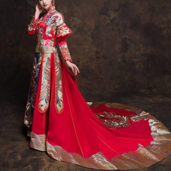 Ancient Chinese Embroidered Phoenix Wedding Dress Traditional Cheongsam, Size:XL(Trailing)