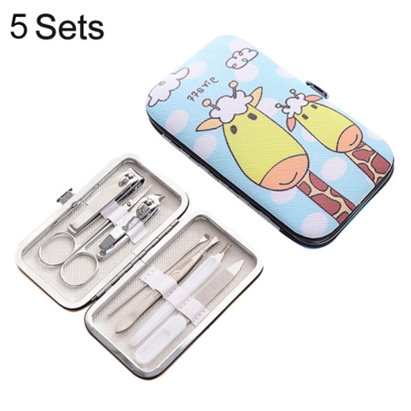 5 Sets 7 in 1 Stainless Steel Nail Care Clipper Pedicure Manicure Kits with Giraffe Pattern Case