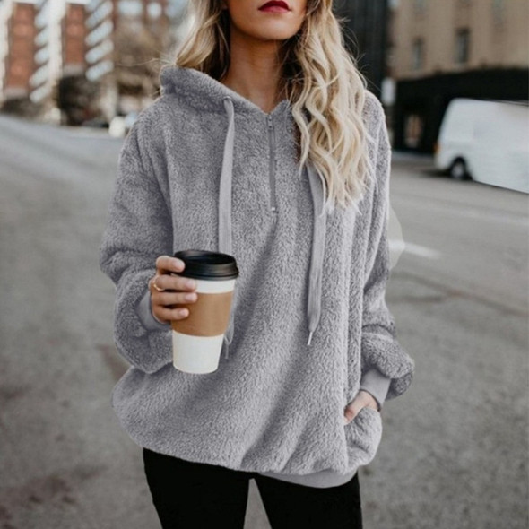 Long-sleeved Hooded Solid Color Women Sweater Coat (Color:Light Grey Size:S)