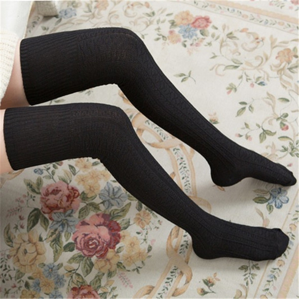 Spring and Autumn Cotton Over-knee Socks Preppy Style Jacquard Stockings(Black)