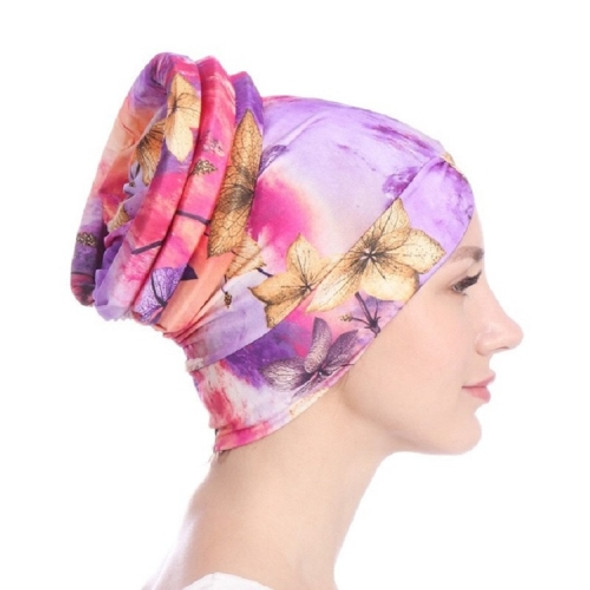 Floral Turban Hat Cotton Back Plate Hair Wrap Cap, Size:M (56-58cm)(Light Purple)