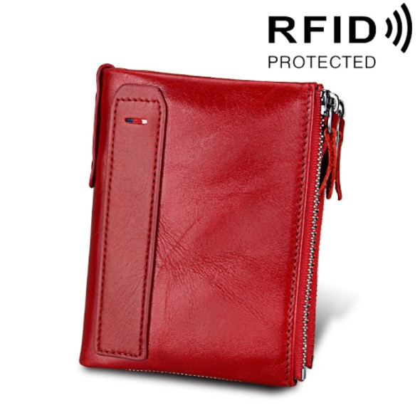 Genuine Cowhide Leather Crazy Horse Texture Dual Zipper Short Style Card Holder Wallet RFID Blocking Card Bag Protect Case for Men, Size: 12.1*9.4*2.7cm(Red)