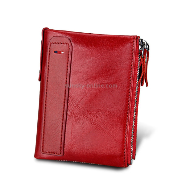 Genuine Cowhide Leather Crazy Horse Texture Dual Zipper Short Style Card Holder Wallet RFID Blocking Card Bag Protect Case for Men, Size: 12.1*9.4*2.7cm(Red)