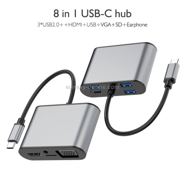 basix TW8R 8 in 1 USB-C / Type-C to 3 USB 3.0 + USB-C / Type-C + HDMI + VGA Interfaces HUB Adapter with Micro SD Card Slot & 3.5mm AUX (Grey)