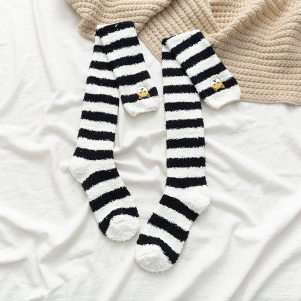 Winter Striped Coral Fleece Thermal Sleep Socks Plus Velvet Thickened Home Thigh Socks(Black)