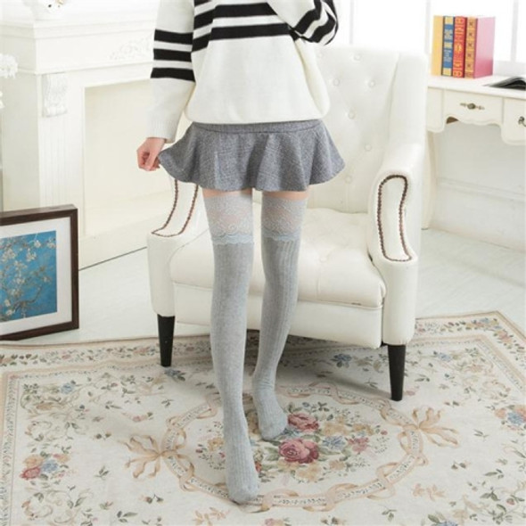 Lace Stockings Above The Knee Non-Slip Thigh Socks Cotton Vertical Stripe Socks(Light Grey)