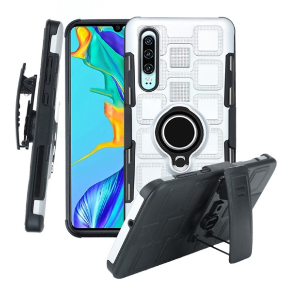 For Huawei P30 3 In 1 Cube PC + TPU Protective Case with 360 Degrees Rotate Black Ring Holder(Silver)