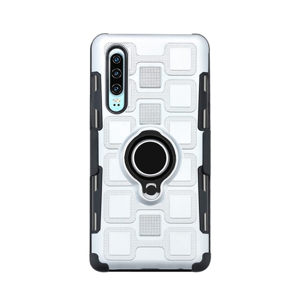 For Huawei P30 3 In 1 Cube PC + TPU Protective Case with 360 Degrees Rotate Black Ring Holder(Silver)