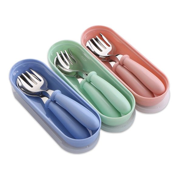 3 PCS/ Set 304 Stainless Steel Spoon and Fork Box Cute Baby Kindergarten Tableware Set(Pink)