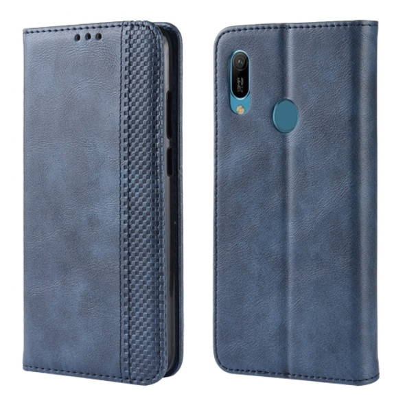 Magnetic Buckle Retro Crazy Horse Texture Horizontal Flip Leather Case for Huawei Y6 (2019), with Holder & Card Slots & Photo Frame(Blue)