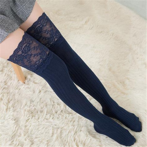 Lace Stockings Above The Knee Non-Slip Thigh Socks Cotton Vertical Stripe Socks(Navy Blue)