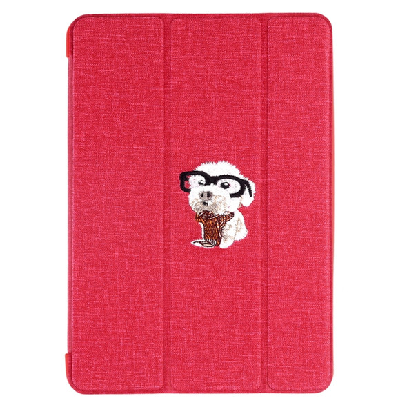 Embroidered cartoon Pattern Left and Right Flip Leather Case for iPad Mini 5 / 4, with Three-folding Holder & Sleep / Wake-up Function & Pen Slot (Red)