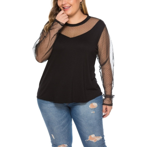Mesh Stitching Perspective Long Sleeve Large Size Top (Color:Black Size:XL)