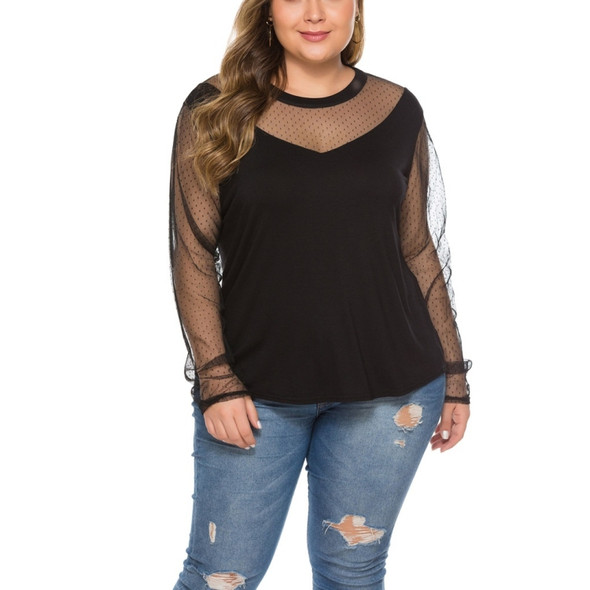 Mesh Stitching Perspective Long Sleeve Large Size Top (Color:Black Size:XL)