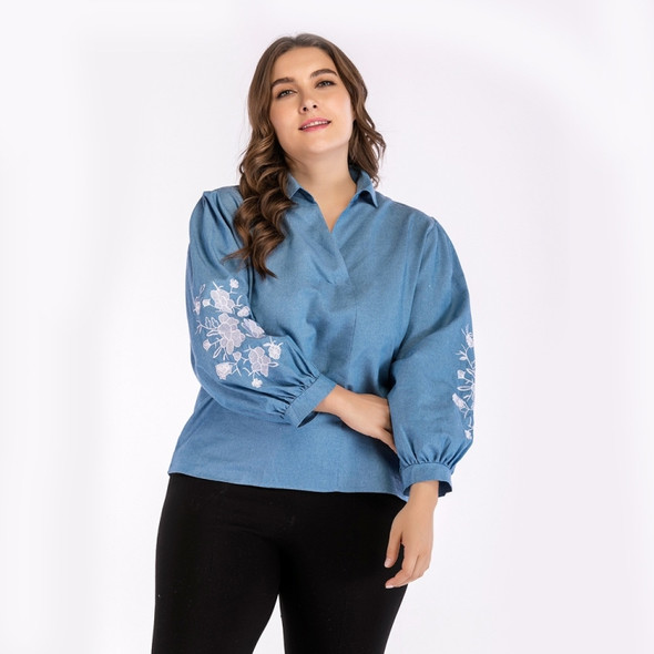 Plus Size Women Printed Embroidered V-Neck Denim Long Sleeve Blouse (Color:Blue Size:XXXXL)