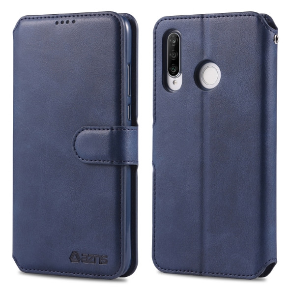 For Huawei P30 Lite / nova 4e AZNS Calf Texture Magnetic Horizontal Flip PU Leather Case with Holder & Card Slots & Photo Frame(Blue)