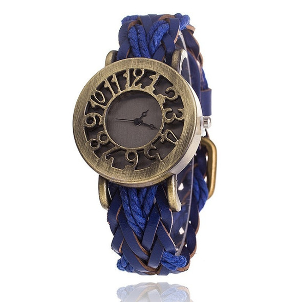 Retro Hollow Head Cowhide Woven Bracelet Watch for Women(Blue)