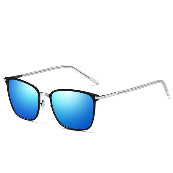Men Fashion UV400 Square Frame Polarized Sunglasses (Silver & Black + Ice Blue)