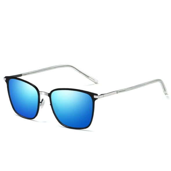 Men Fashion UV400 Square Frame Polarized Sunglasses (Silver & Black + Ice Blue)