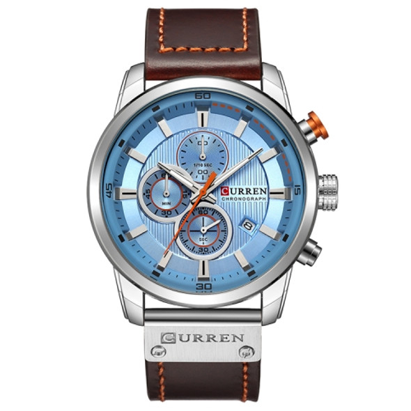 CURREN M8291 Chronograph Watches Casual Leather Watch for Men(White case blue face)