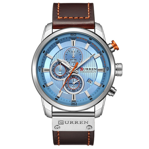 CURREN M8291 Chronograph Watches Casual Leather Watch for Men(White case blue face)
