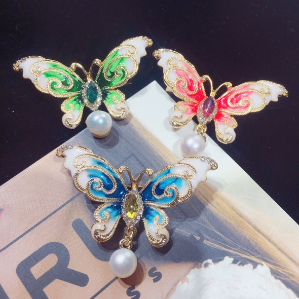 2 PCS Natural Freshwater Pearl  Enamel Butterfly Brooch(Red)