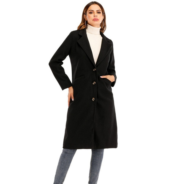 Women Solid Color Long Sleeve Woolen Coat (Color:Black Size:L)